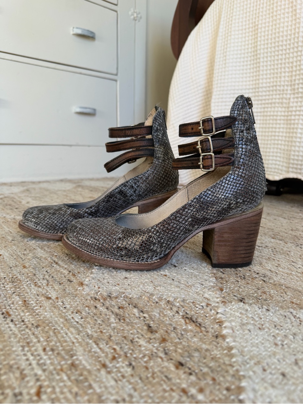Freebird by Steven Gray Snake-Texture Block Heels with Triple Brown Straps